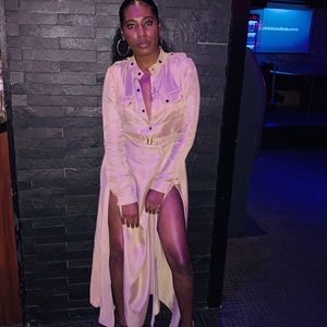 Tan double slit dress